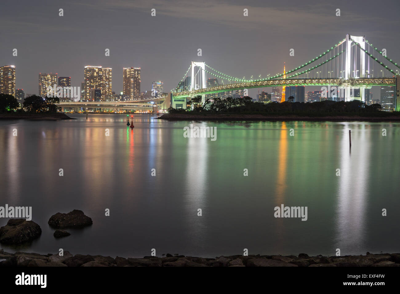 Long exposure of bay and Rainbow bridge from Odaiba, Nightview Stock Photo