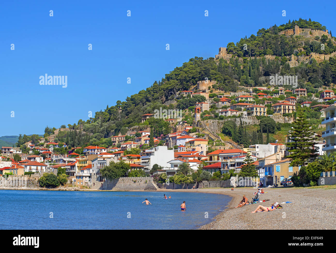 View to Nafpaktos old town, Gribovo beach and the castle in the Corinthian gulf, Aetoloacarnania region,  Sterea Ellada, Greece Stock Photo