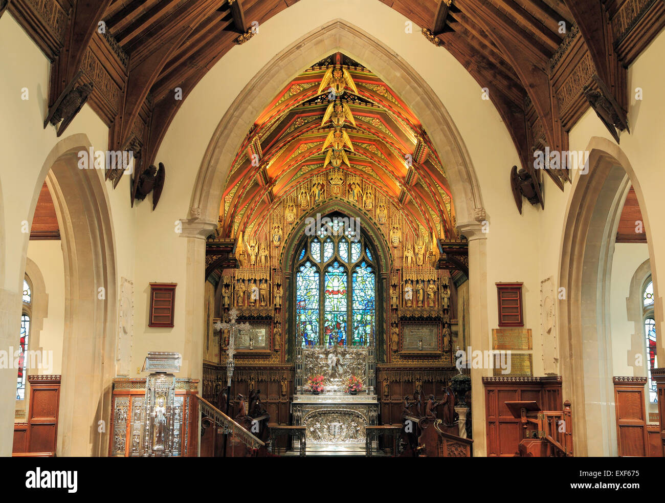 Sandringham Parish Church interior, nave and chancel, angel roof, Norfolk England UK Stock Photo