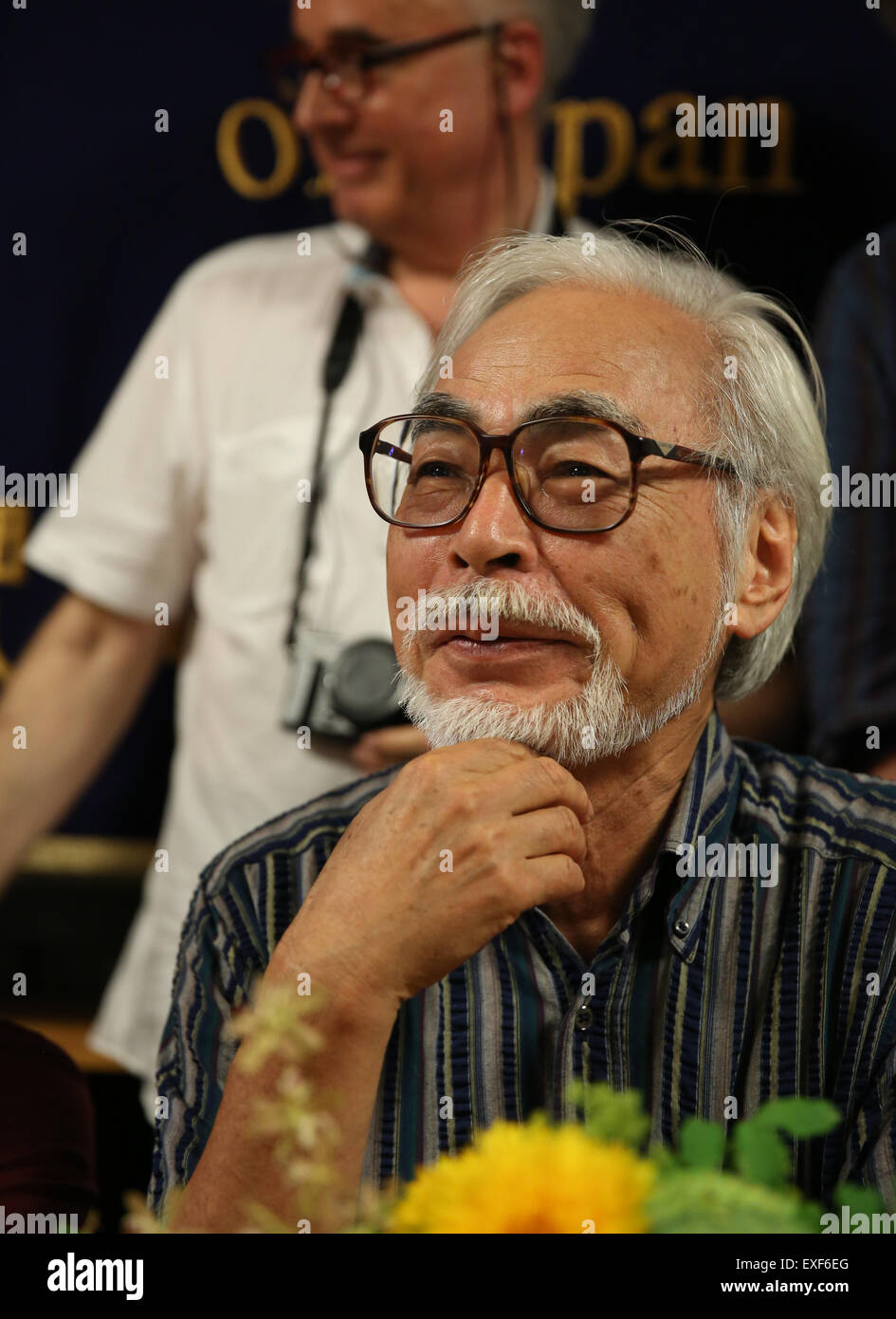 Tokyo, Japan. 13th July, 2015. Hayao Miyazaki attends a press conference in Tokyo, Japan, on July 13, 2015. Japan's Oscar-awarded animator Hayao Miyazaki Monday urged the Japanese government to follow the country 's 70-year pacifism since the end of World War II by dropping a plan to build a replacement within Okinawa for a controversial U.S. airbase and a security-related legislation package to allow Japan's defense forces to exercising the right to collective defense. Credit:  Liu Tian/Xinhua/Alamy Live News Stock Photo