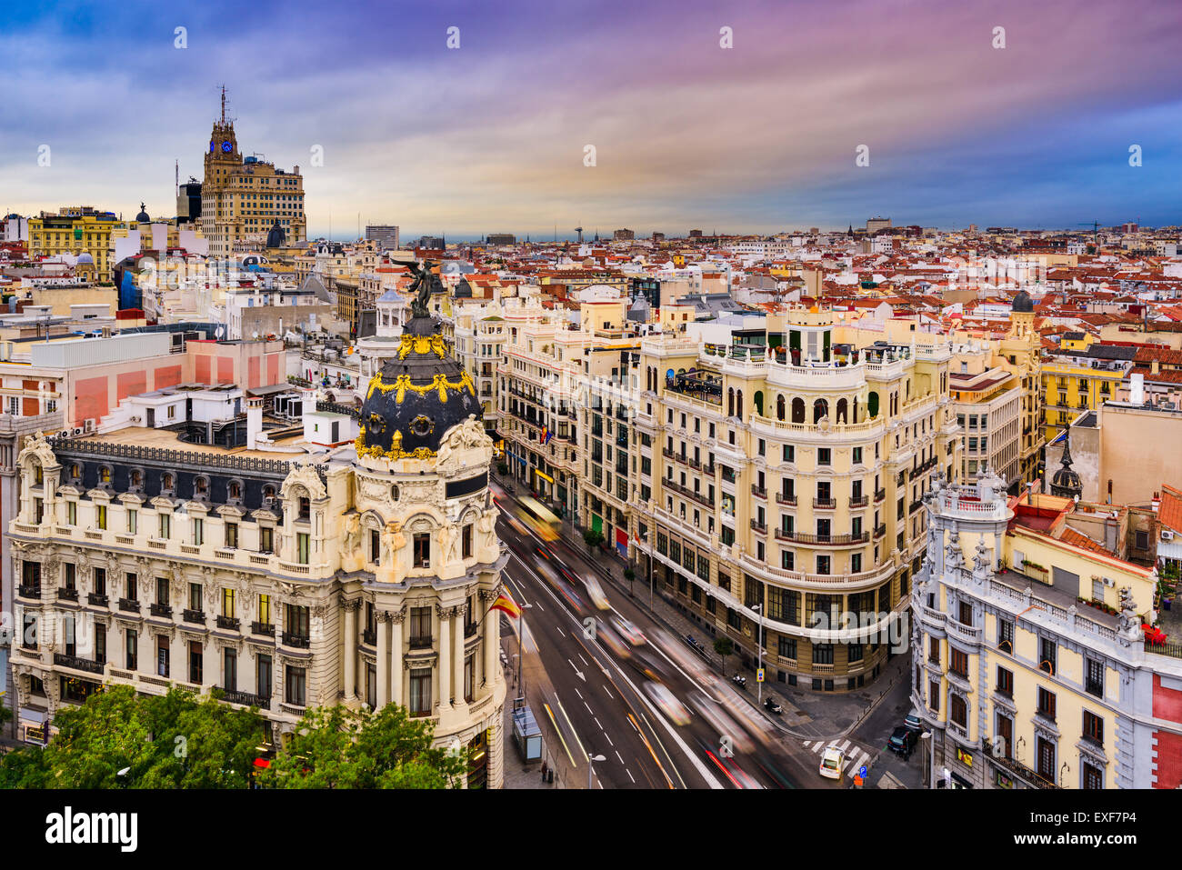 Madrid, Spain cityscape above Gran Via shopping street. Stock Photo