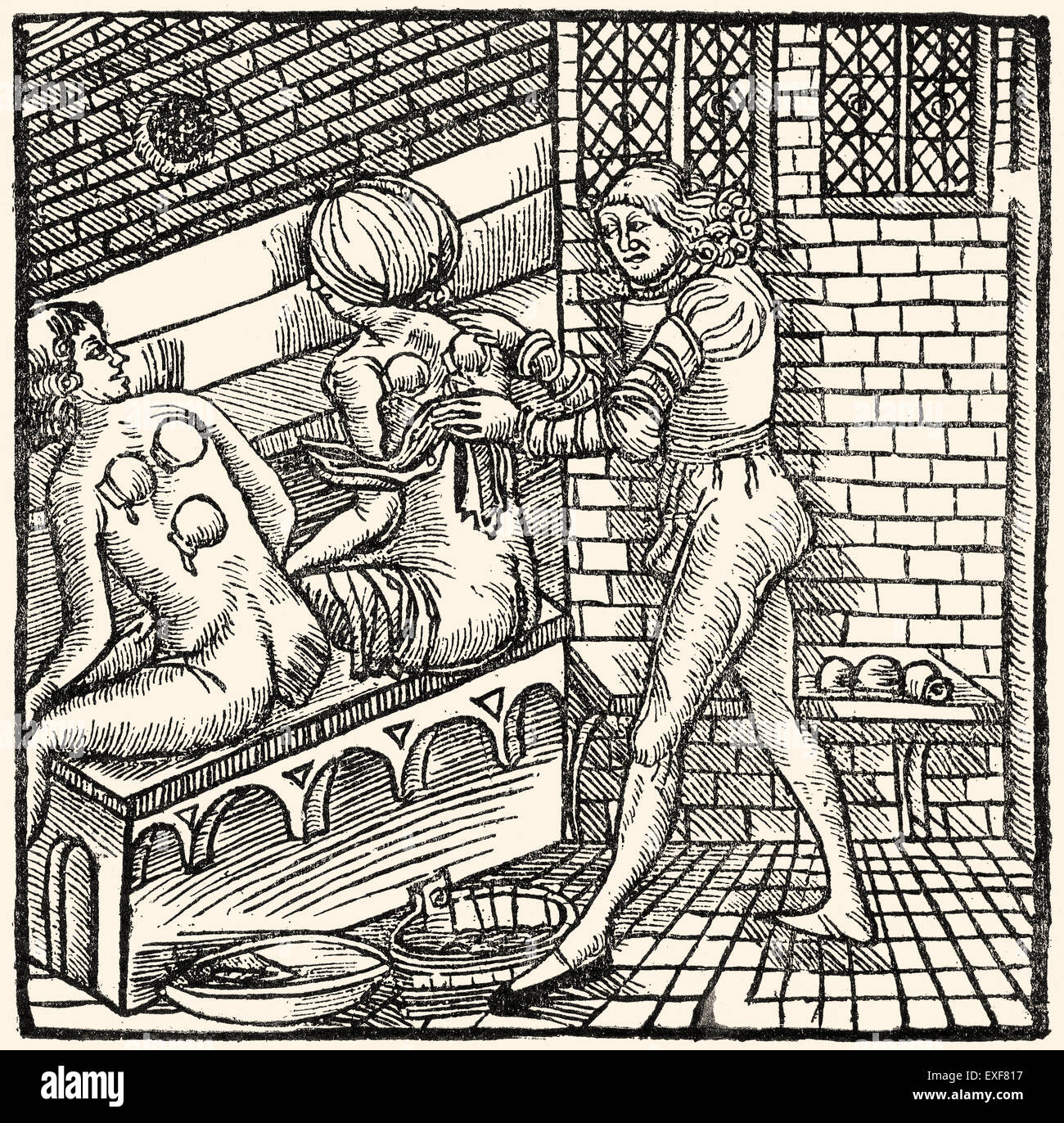Cupping therapy, woodcut, 1519, Stock Photo