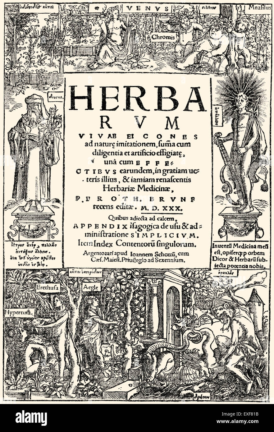 Title page of Illustrated herbal book, Contrafayt Kreuterbuch, by Otho Brunfels, 1489 - 1534,  woodcut by Hans Weidnitz, Stock Photo