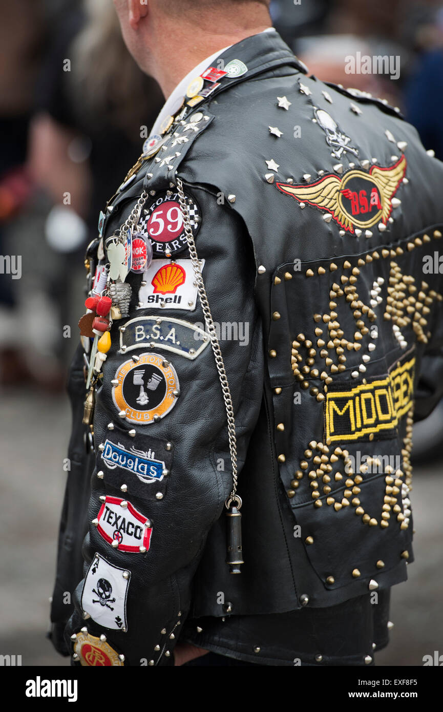 Rockers leather jacket covered in studs, patches and badges. Ton up Day, Jacks Hill Cafe, Northamptonshire, England Stock Photo
