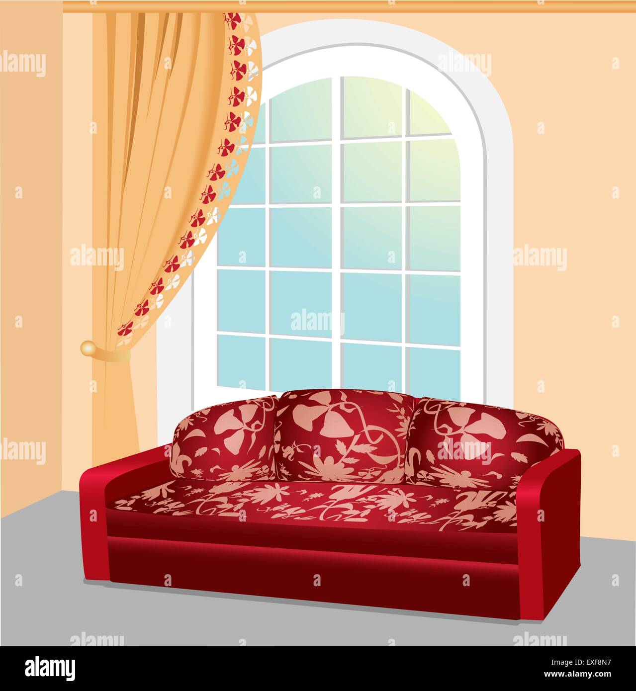Red sofa near the window with lace curtain Stock Vector