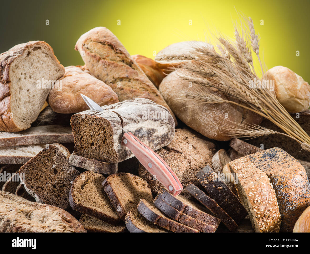 Different types of bread. Food background. Stock Photo