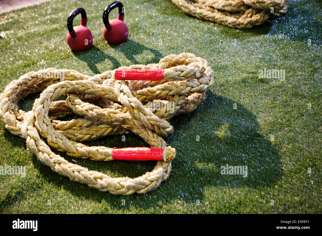 Pair of kettlebells and gym ropes on lawn Stock Photo