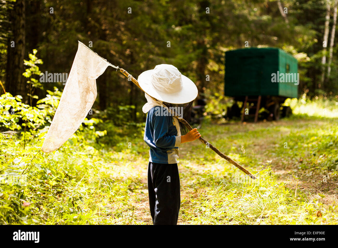 Boy in woods with butterfly net, Sarsy village, Sverdlovsk Region, Russia Stock Photo