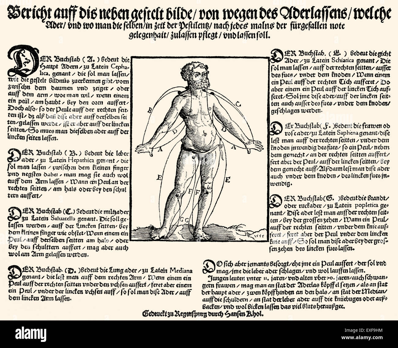 medicine treatment, Life Tap panel to treat the pestilence, woodcut, 1555, Stock Photo