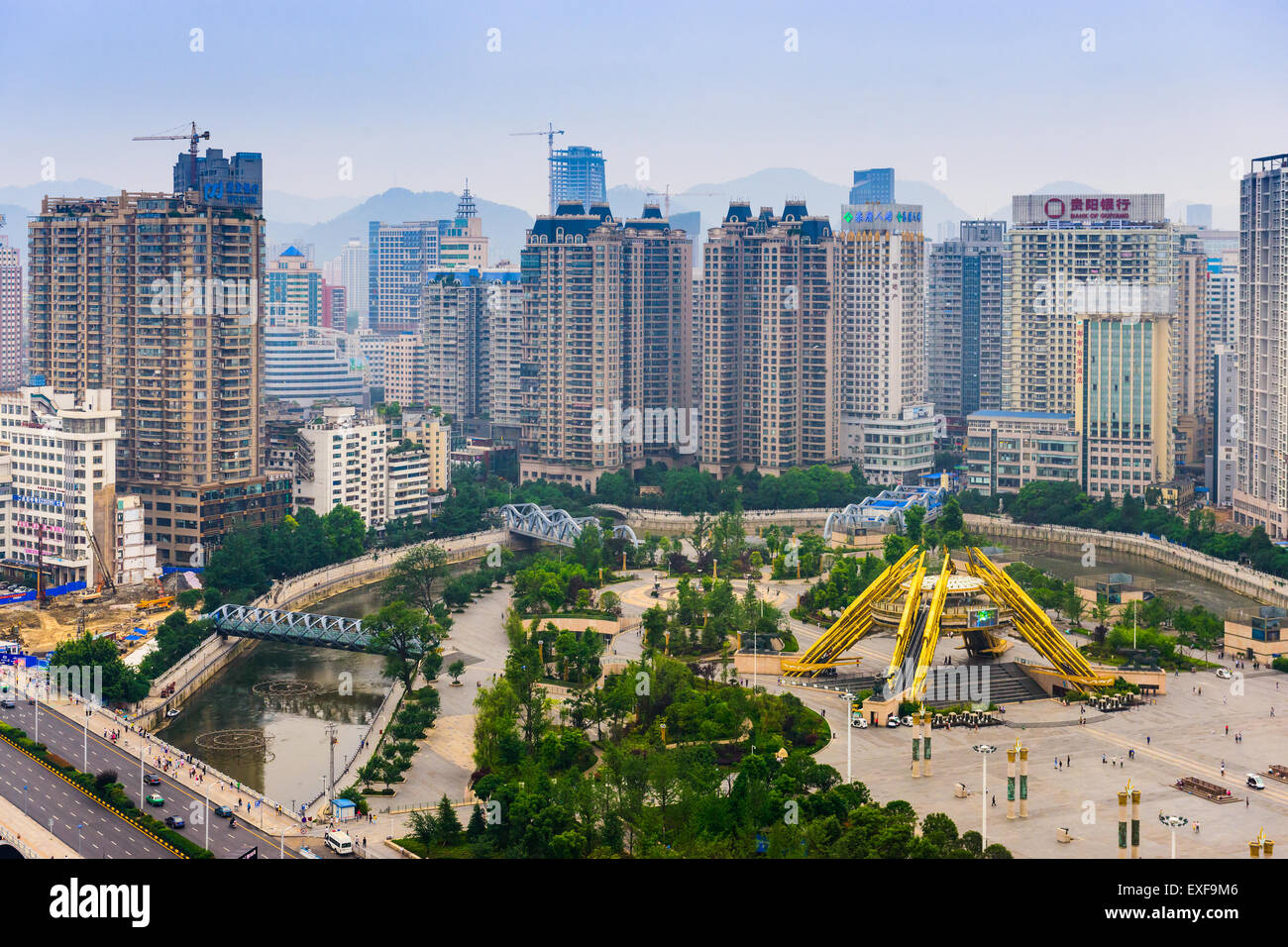Cityscape over People's Square in downtown Guiyang, China. Stock Photo