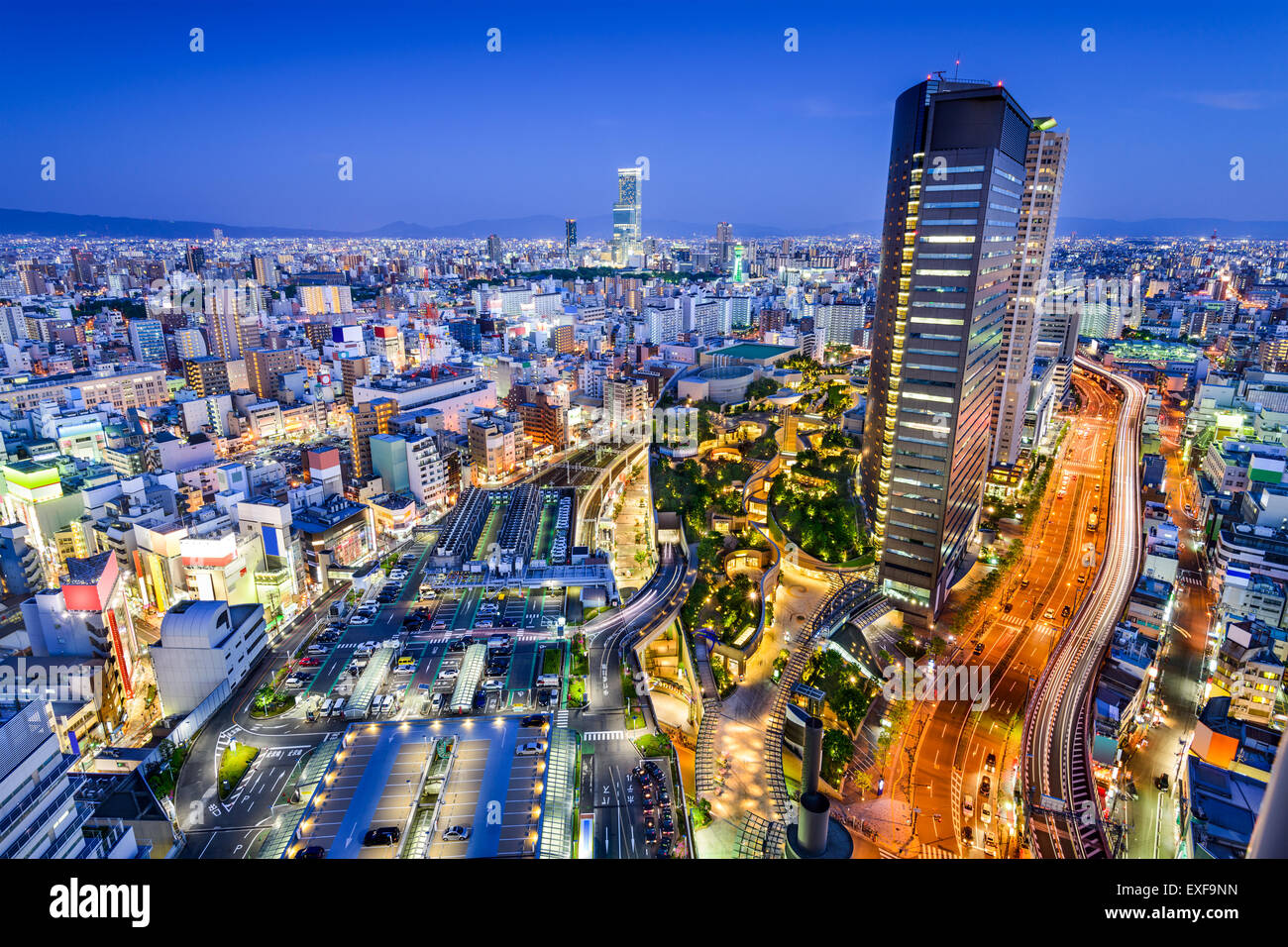 Osaka, Japan city skyline overlooking Namba District. Stock Photo