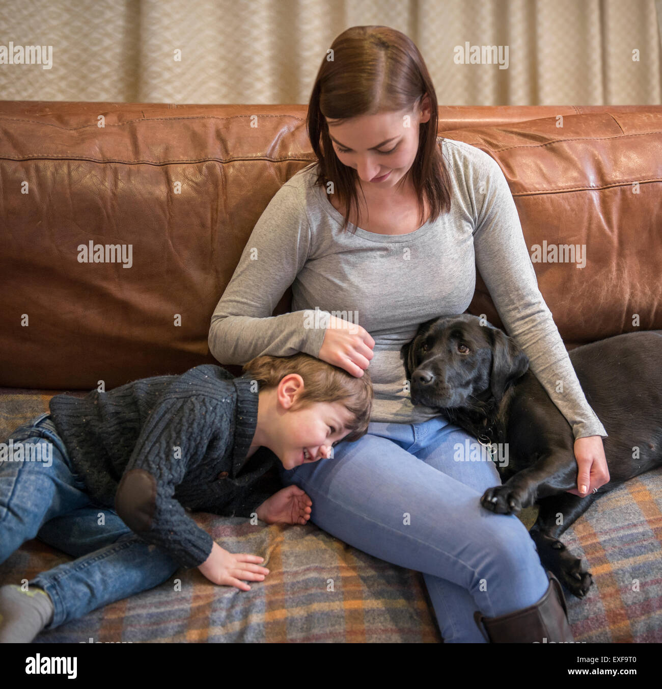 Mother and son relaxing on sofa at home with pet labrador Stock Photo