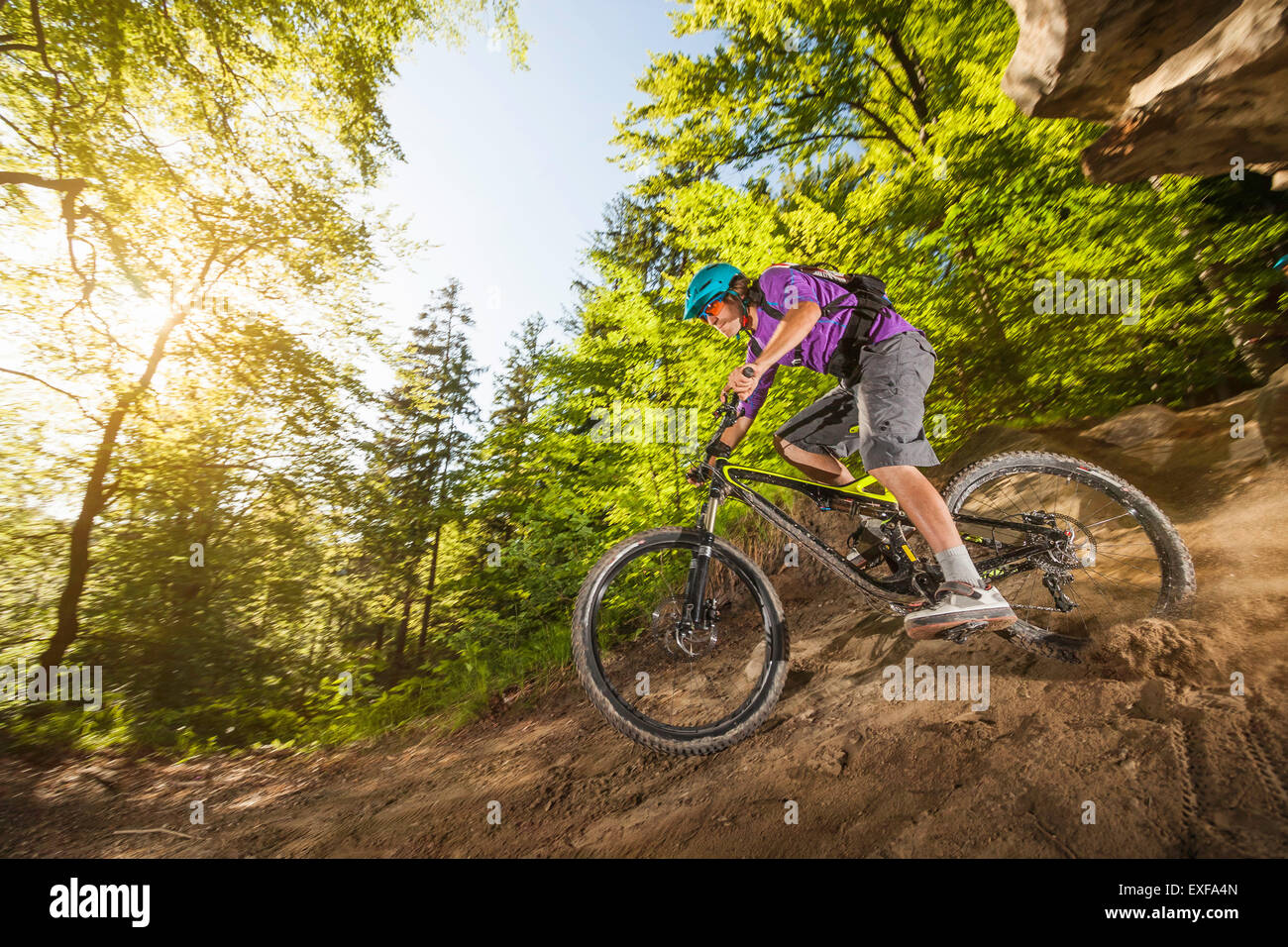 Young man downhill mountain biking in forest Stock Photo
