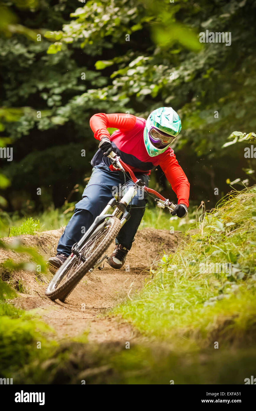 Young woman downhill mountain biking in forest Stock Photo