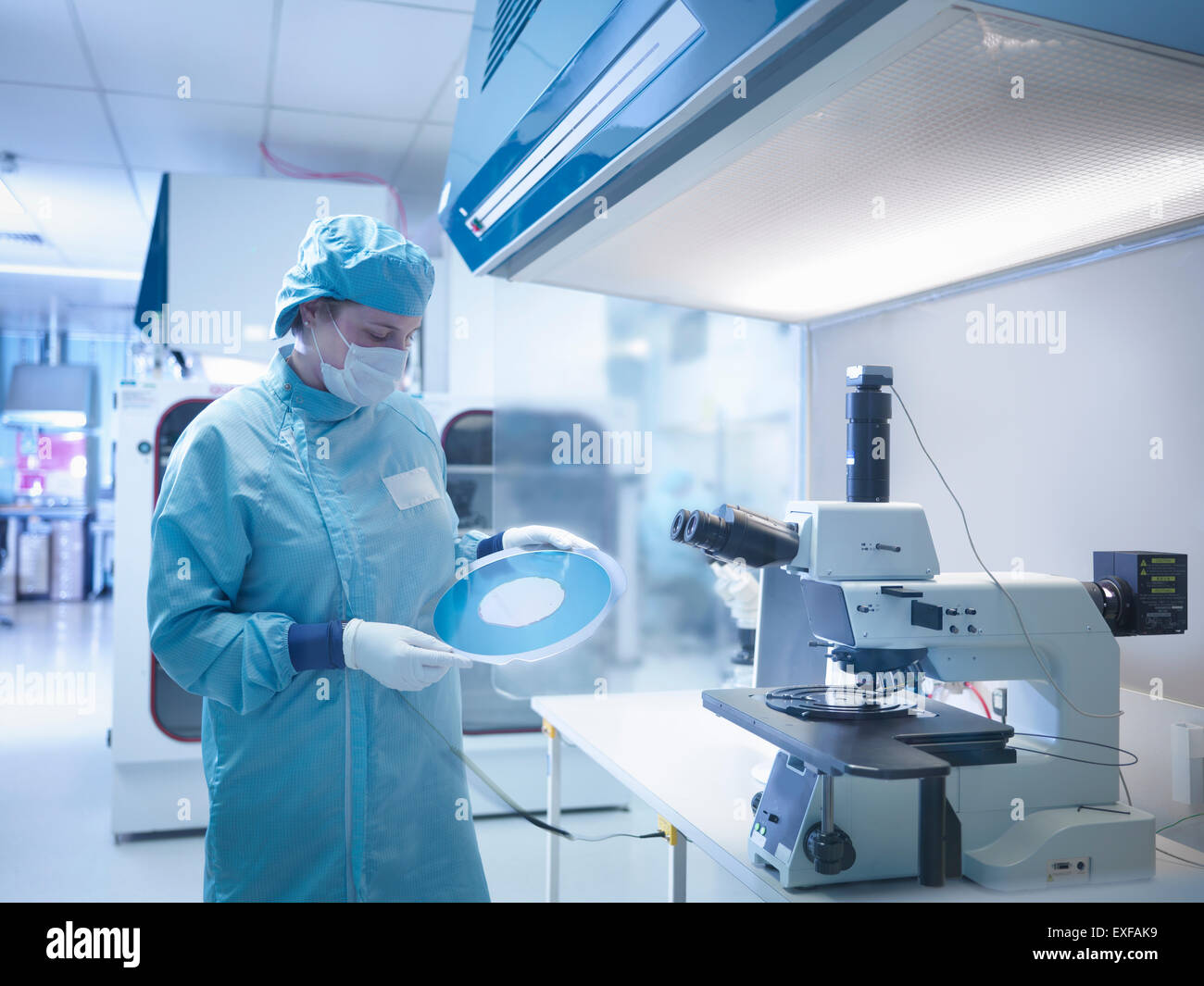 Electronics worker in clean room with silicon wafer Stock Photo Alamy