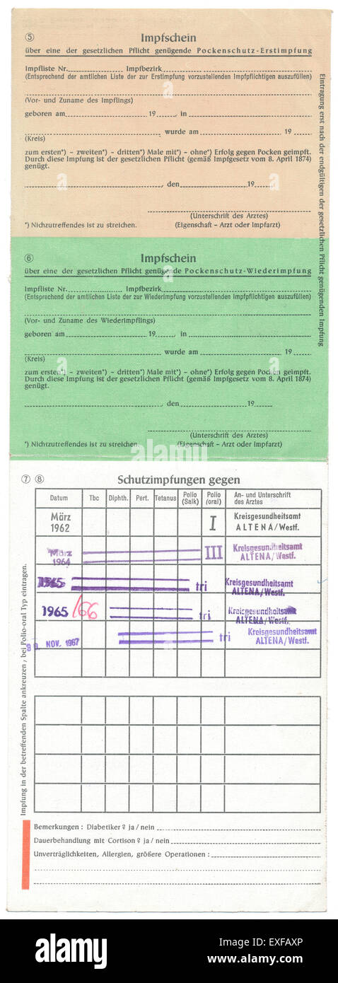 Vaccination record card, Germany, 1960, Europe Stock Photo