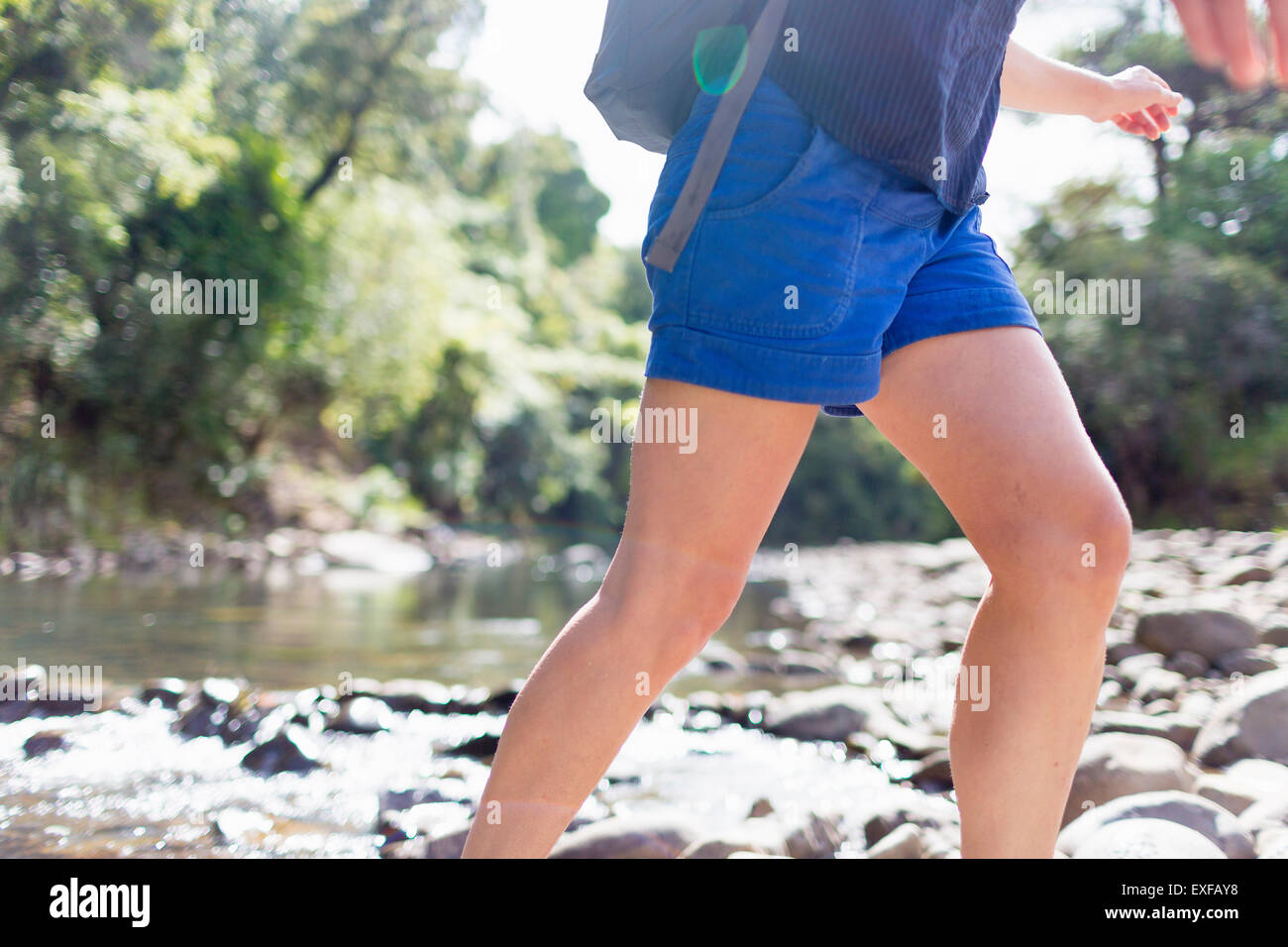 Hiker walking among stones in shallow stream, Waima Forest, North Island, NZ Stock Photo