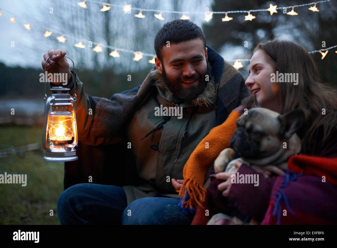Personalized camping blanket gift for couples, dog lovers - Couple/1 Dog & Couple camping quilt main image 1