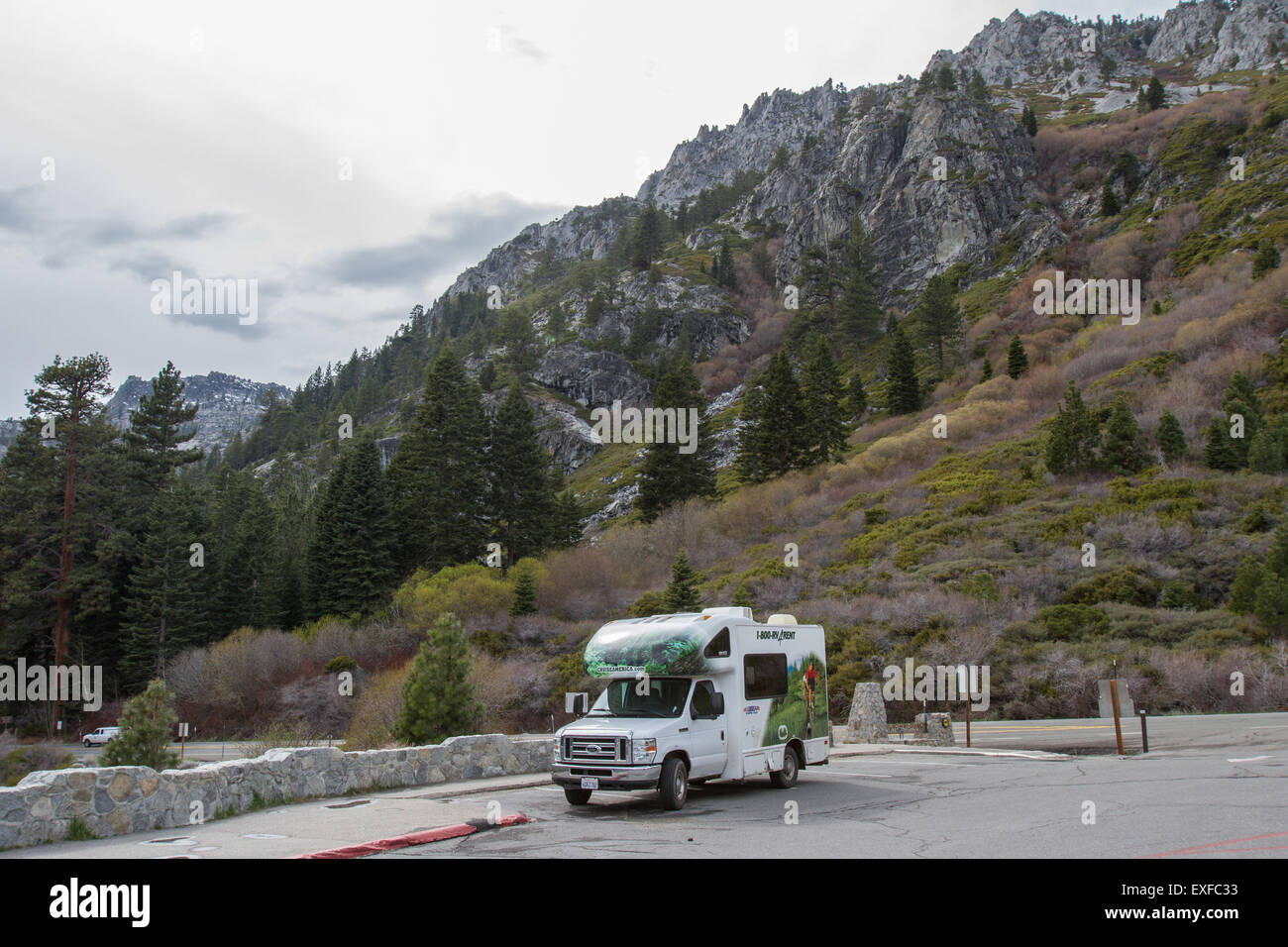 Tahoe, California - April 21 : Rental motorhome parked next to a beautiful mountain in Tahoe, April 21 2015 in Tahoe, California Stock Photo