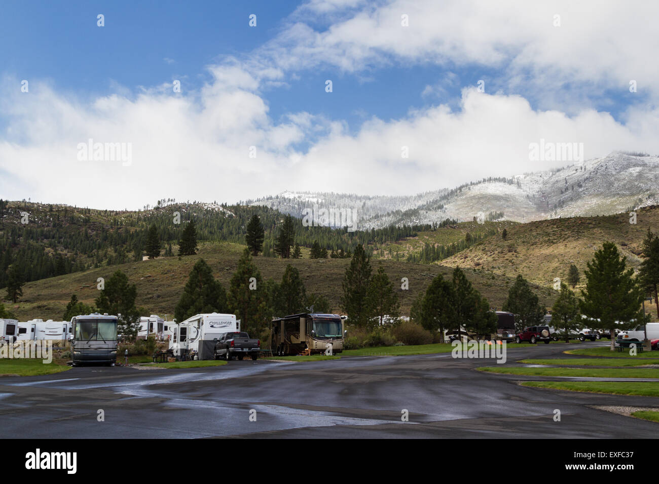 Gold Ranch RV resort, Verdi, Nevada - April 25 : Snow on the mountains ...