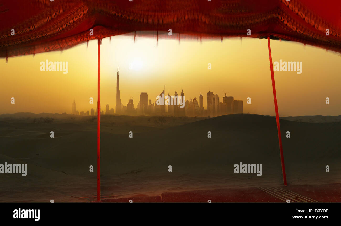 Futuristic cityscape from bedouin tent, Dubai, United Arab Emirates Stock Photo