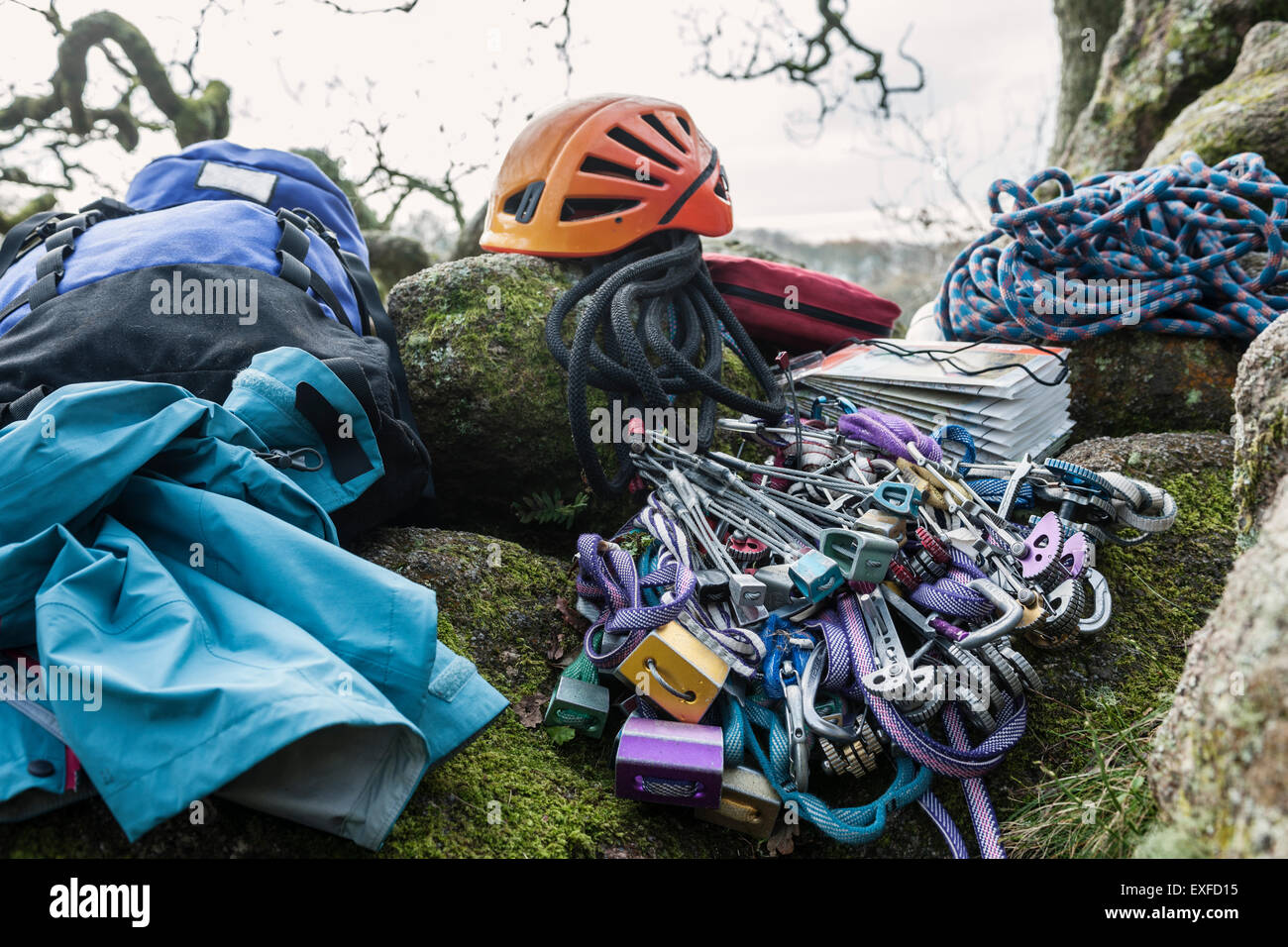 Climbing equipment and helmet on rocks Stock Photo Alamy