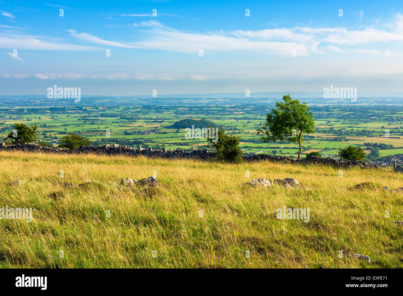 View over the Somerset Levels from the top of Cheddar Gorge in the Mendip Hills, near Cheddar, England. Stock Photo