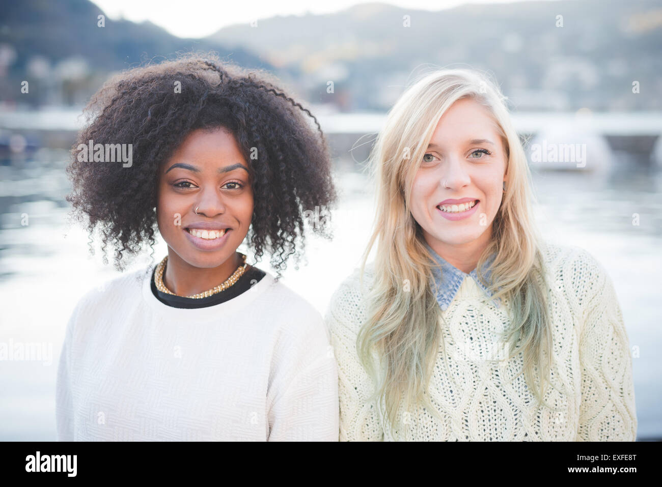 Portrait of two young female friends, Lake Como, Italy Stock Photo