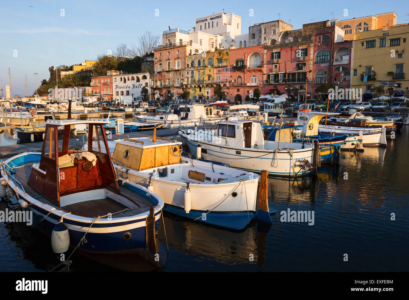 Boats anchored in Marina di Procida in Procida, Italy Stock Photo