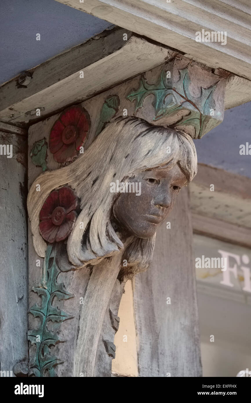 Wooden carving on the Porch House in Bishop's Castle, Shropshire. Stock Photo