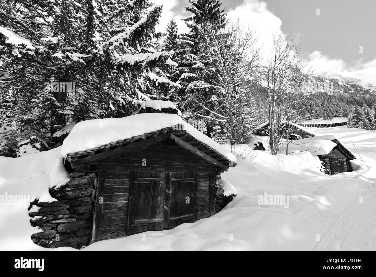 Wengen Switzerland Bernese Oberland, skiing, trains, snow, log cabins Stock Photo