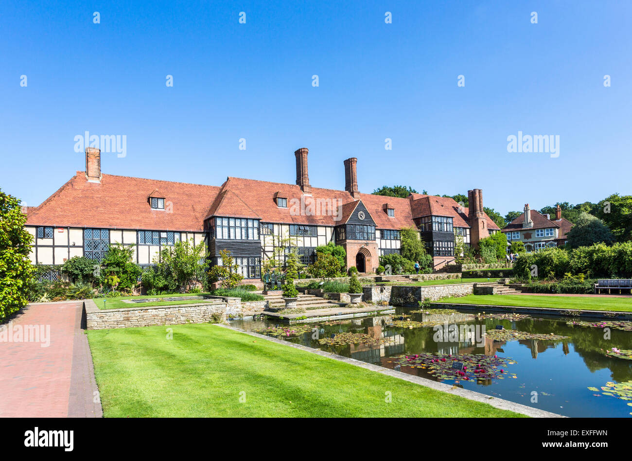 The Laboratory and Canal and lawn at the RHS gardens in Wisley, Surrey on a bright sunny summer's day with a clear blue sky Stock Photo