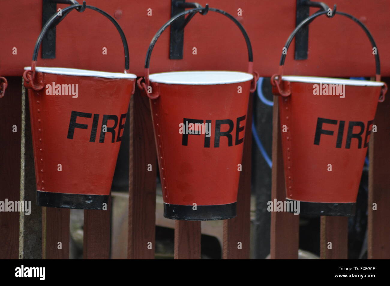Fire Buckets at a Steam Train Station. Stock Photo