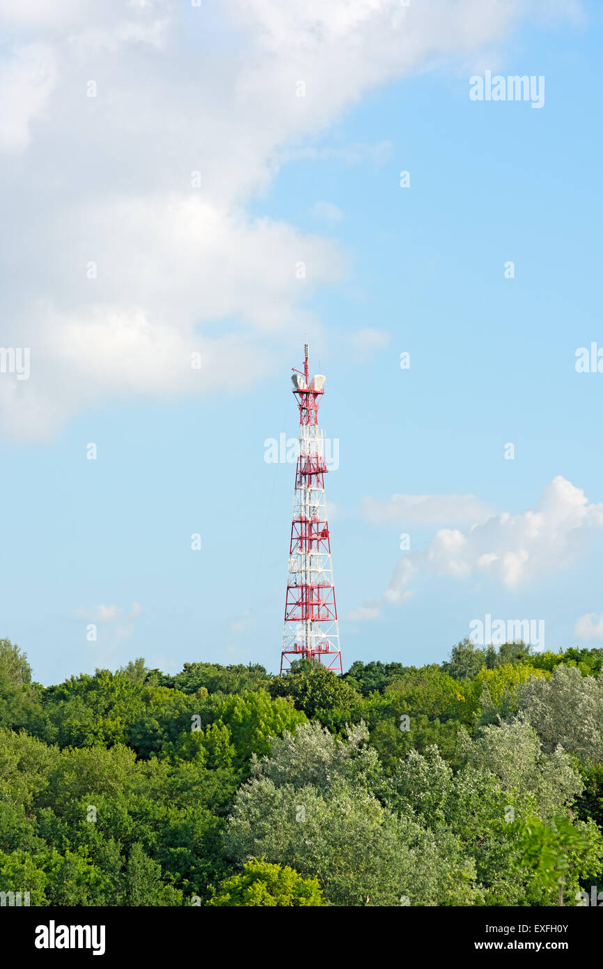 The relay tower in the forest against the sky. Stock Photo