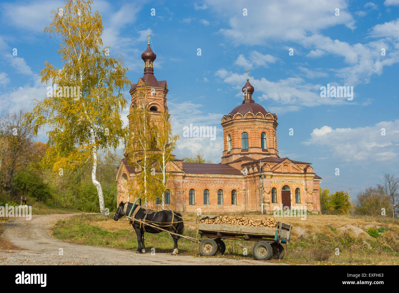 Rural landscape with old church in Chervlene village, Sumy Oblast, Ukraine Stock Photo