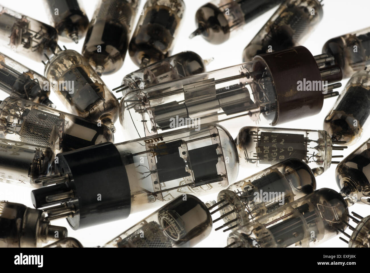 Collection of old used glass vacuum tubes used in radio and early tv