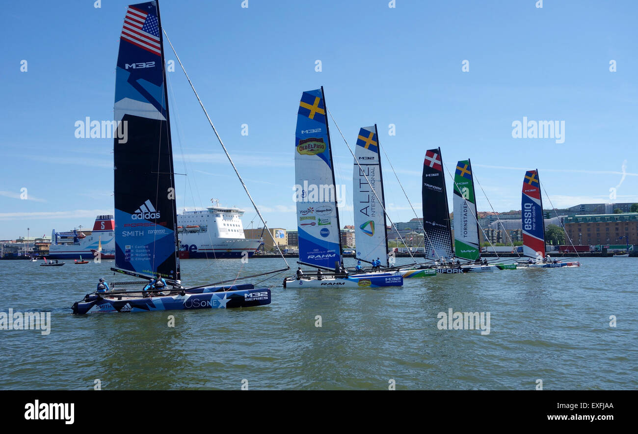 Catamaran m32 series on start line for sailing race in Gothenburg 2015