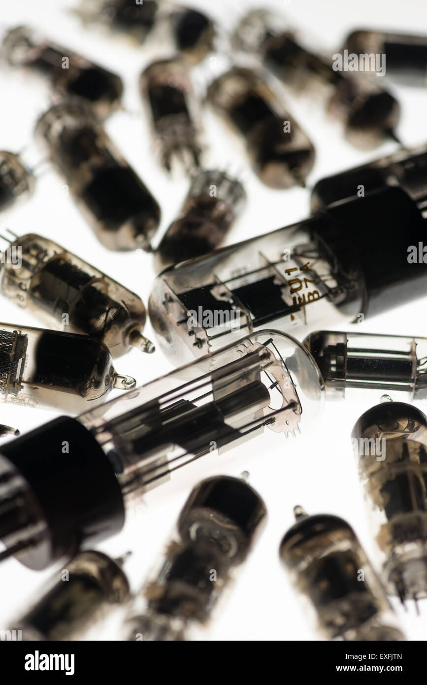 Collection of old used glass vacuum tubes used in radio and early tv
