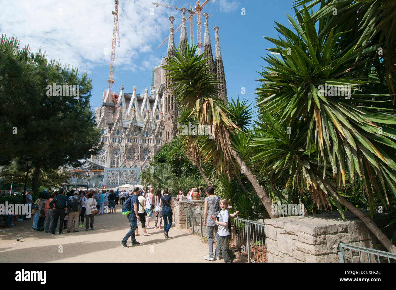 Looking across Placa de Gaudi gardens towards La Sagrada Familia Stock Photo