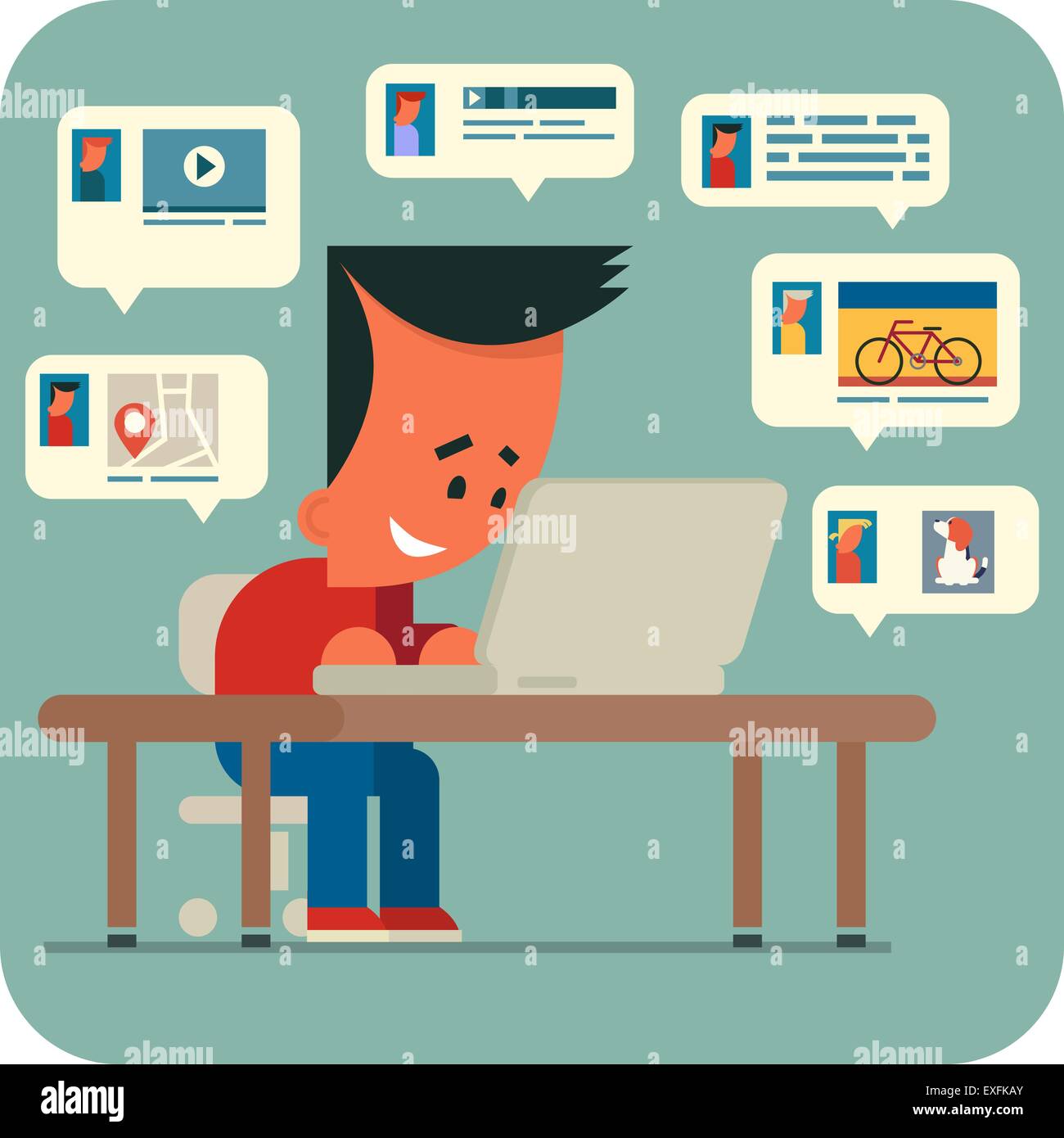 Young man online chatting. Cartoon young man sitting at a table and chatting  online with friends using laptop Stock Vector Image & Art - Alamy