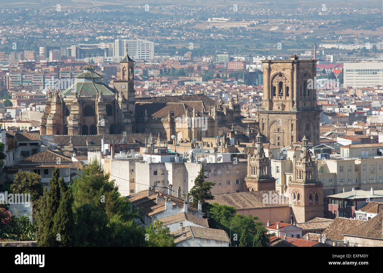 Granada - The outlook over the town with the Cathedral from Alhambra fortress. Stock Photo