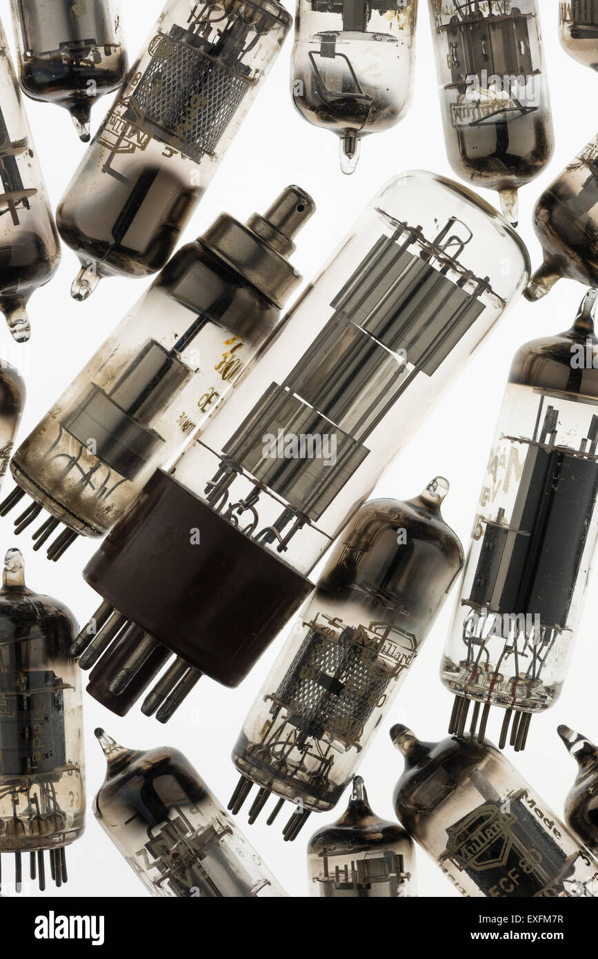 Collection of old used glass vacuum tubes used in radio and early tv
