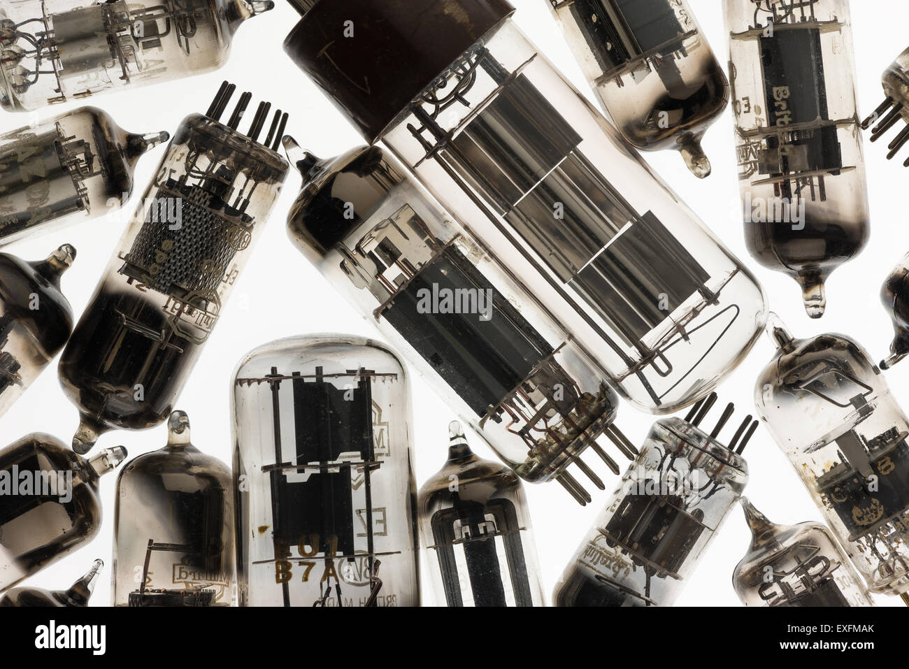 Collection of old used glass vacuum tubes used in radio and early tv