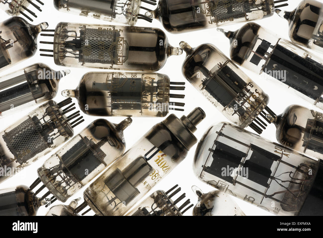 Collection of old used glass vacuum tubes used in radio and early tv