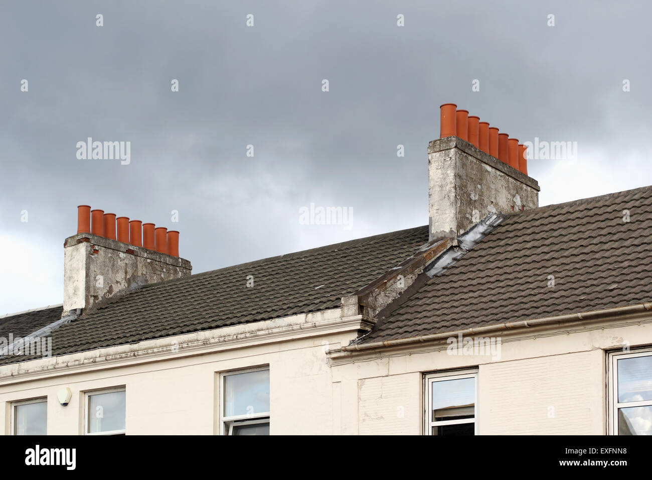 Old rooftops and chimneys in old buildings in Airdrie, North Lanarkshire, Scotland Stock Photo