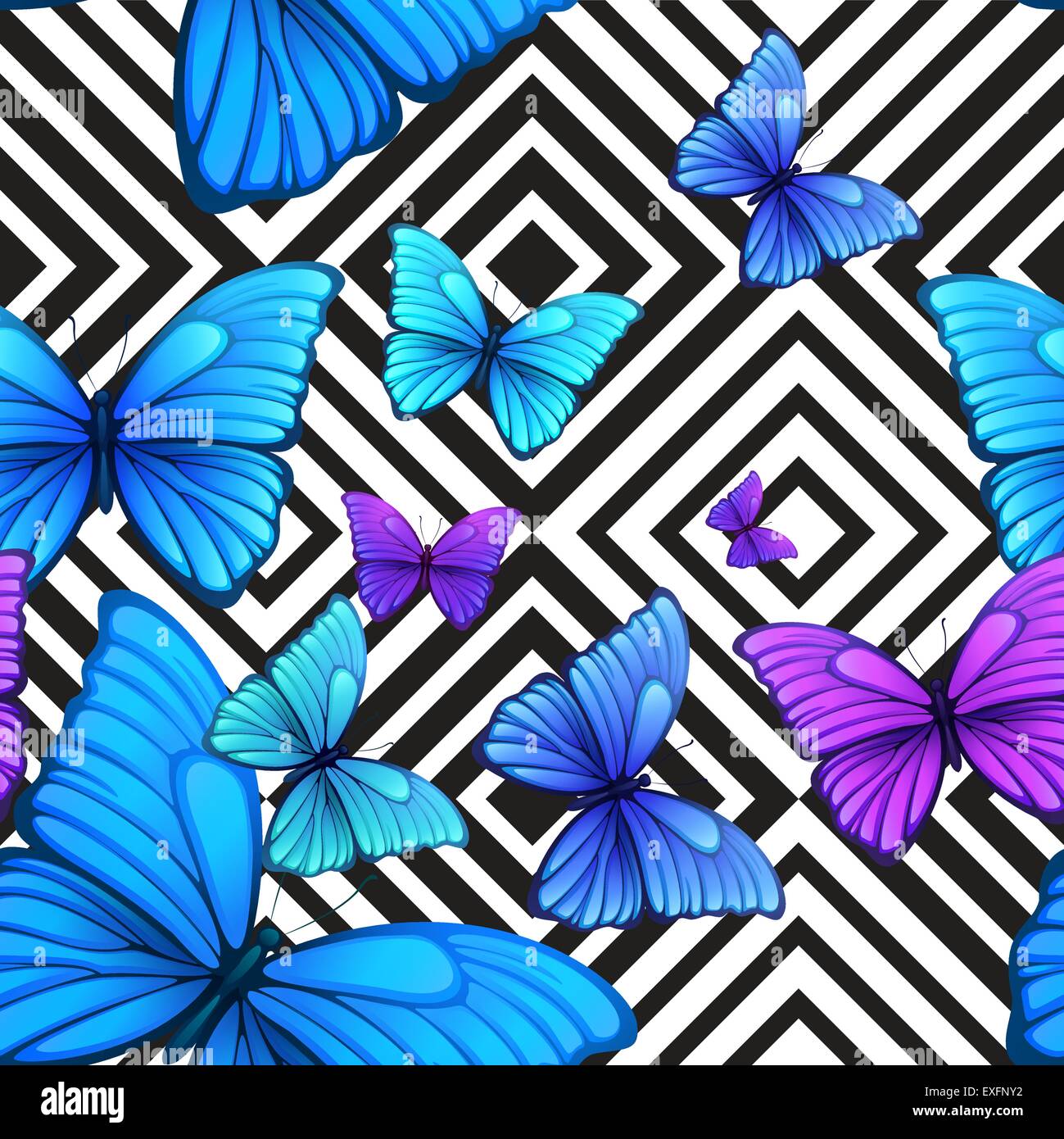 Vector seamless pattern with blue butterfly, black and white geometric  background Stock Vector Image & Art - Alamy