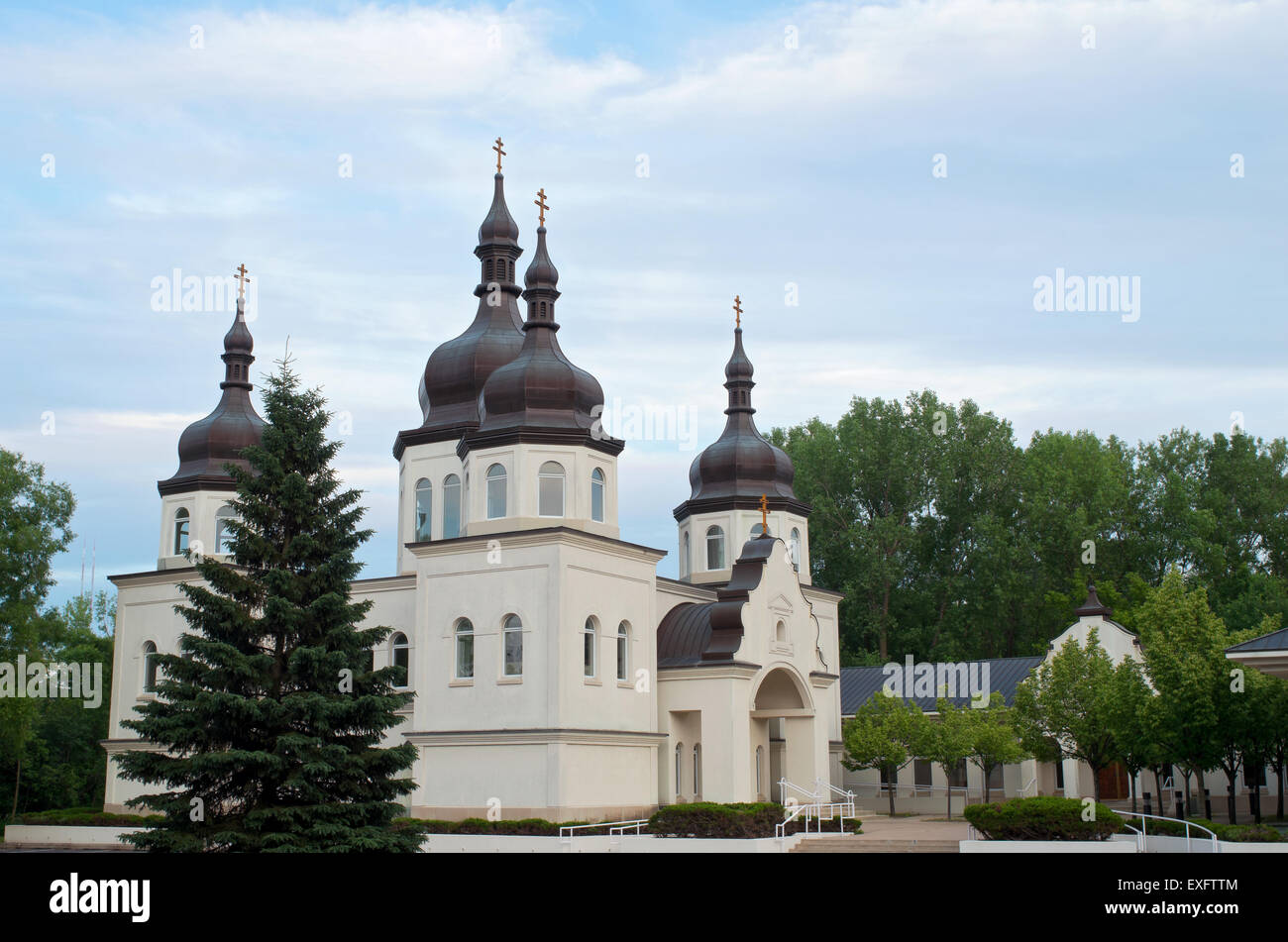 ukrainian church architecture of baroque style and copper clad domes with cupolas and crosses Stock Photo
