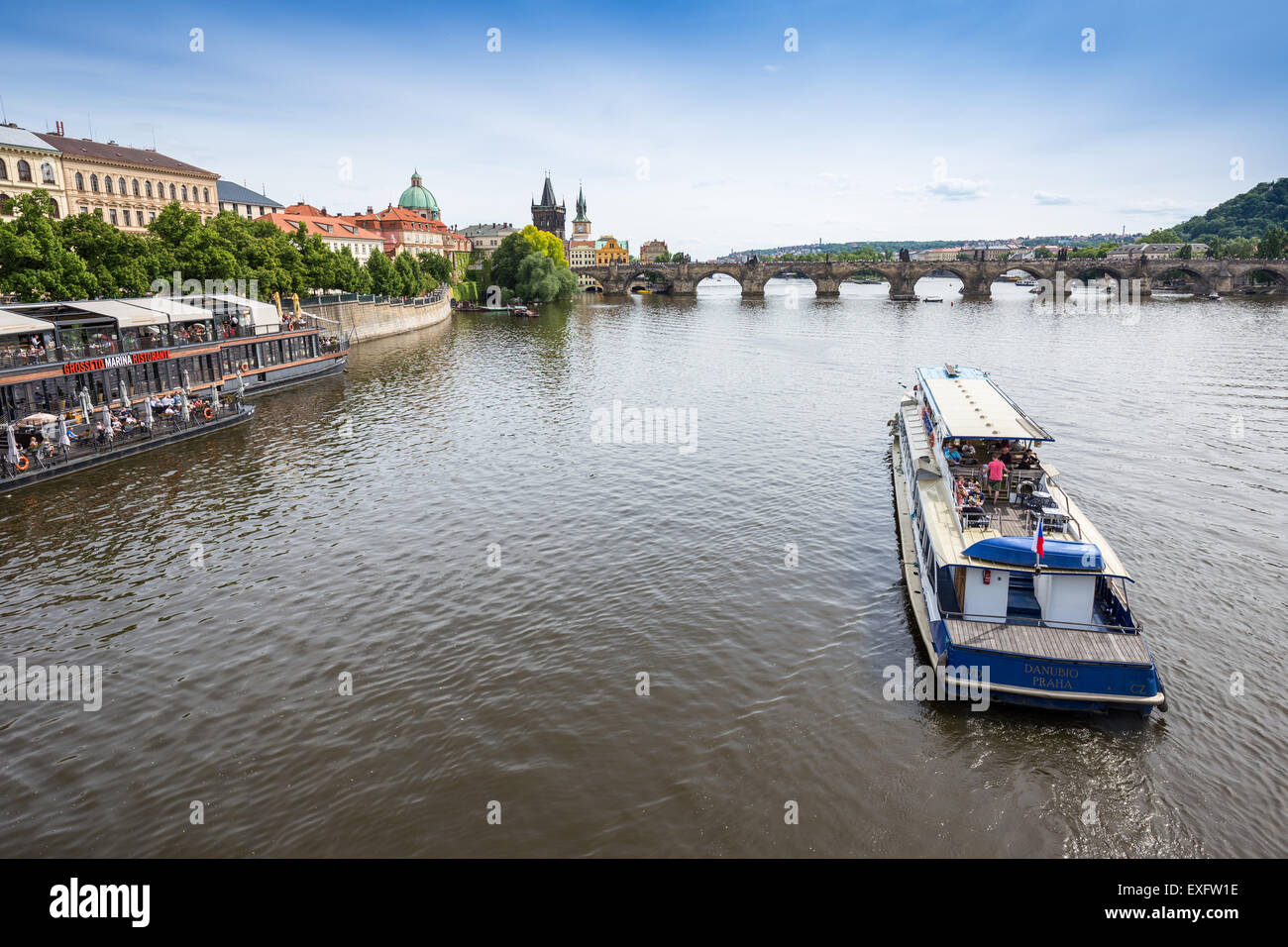 Floating boat restaurant in old town on river Vltava central Prague, Czech Republic,  Europe Stock Photo