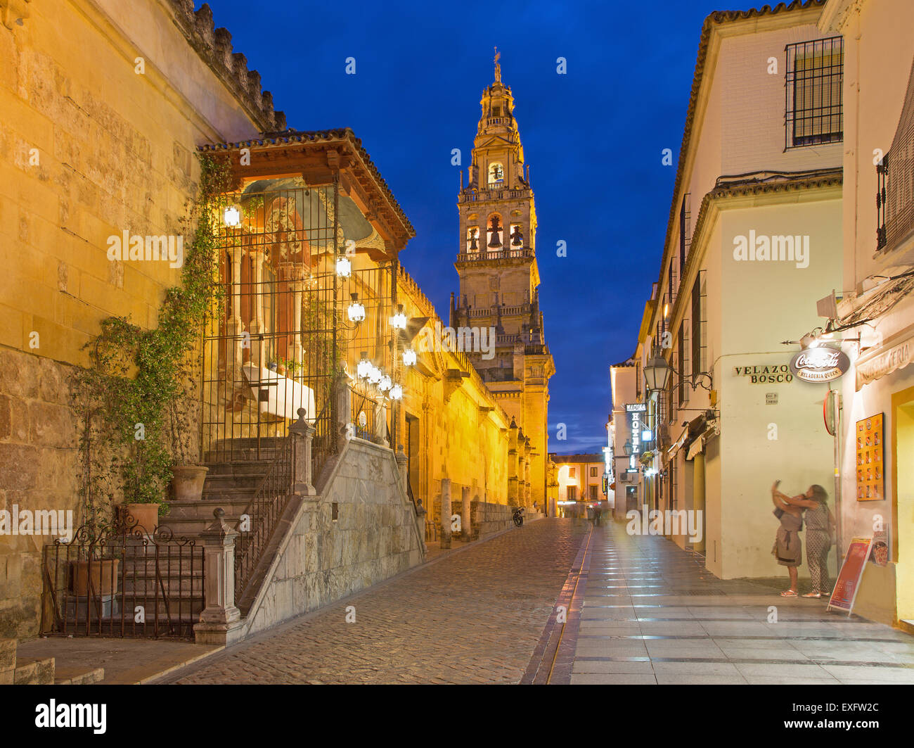 Cordoba - The Cathedral tower and walls at dusk. Stock Photo