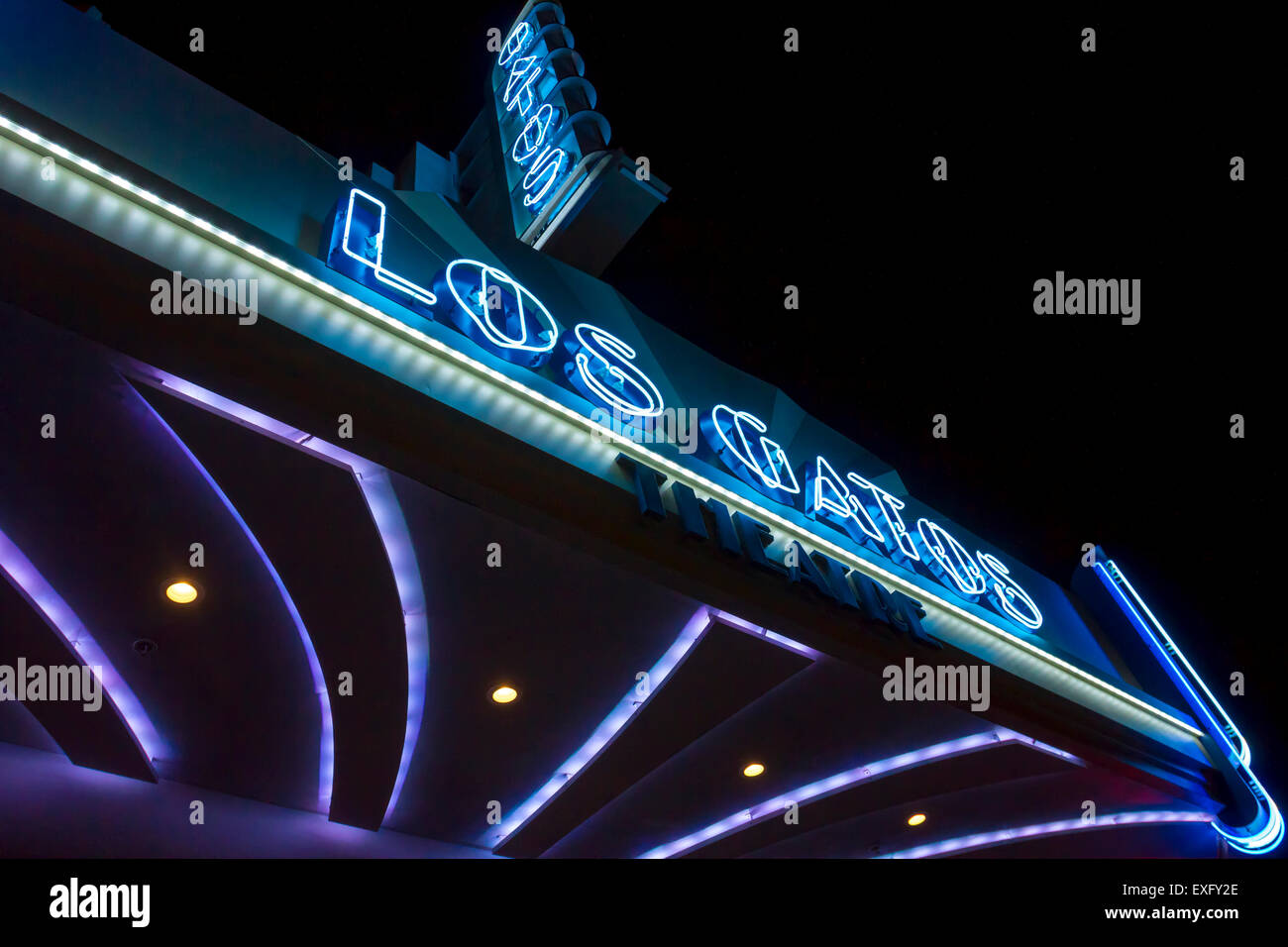 Glowing neon sign of Los Gatos art deco movie theater at night Stock